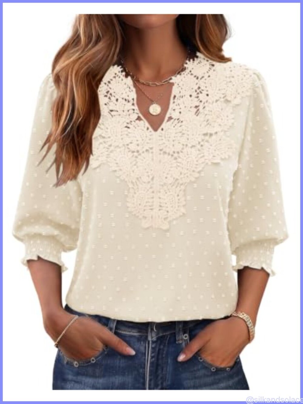 Womens 3/4 Sleeve V Neck Blouse Lace Swiss Dot Chiffon Top